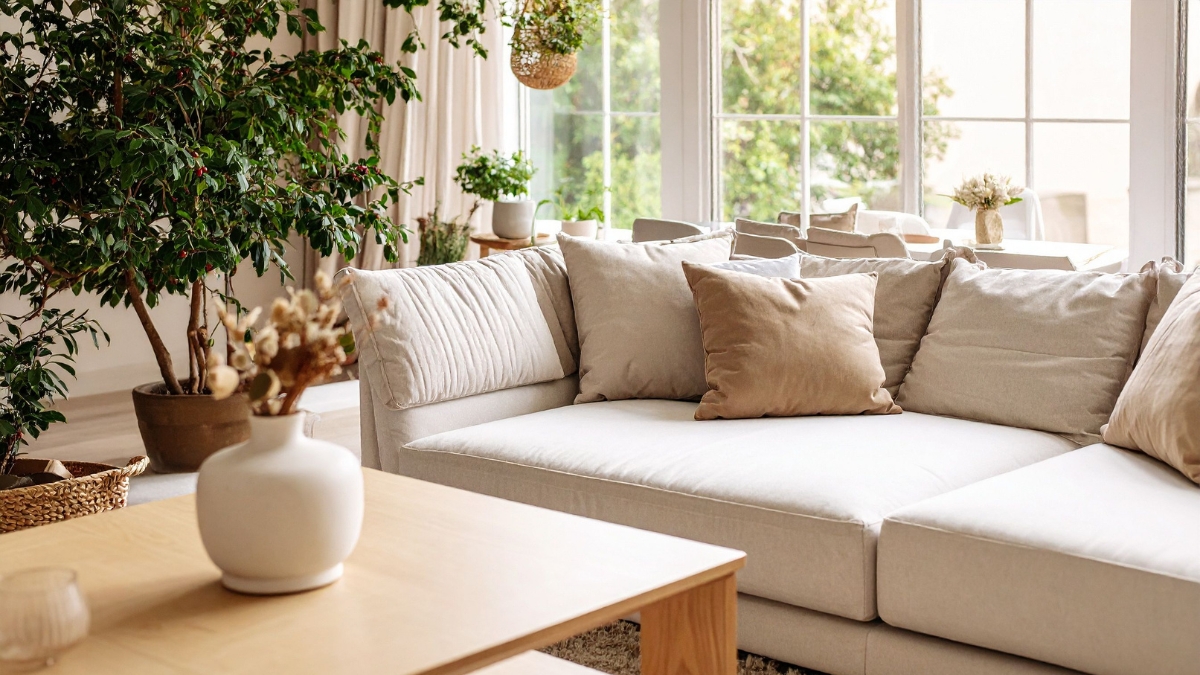 Bright living room with spotless white sectional sofa after professional deep cleaning.